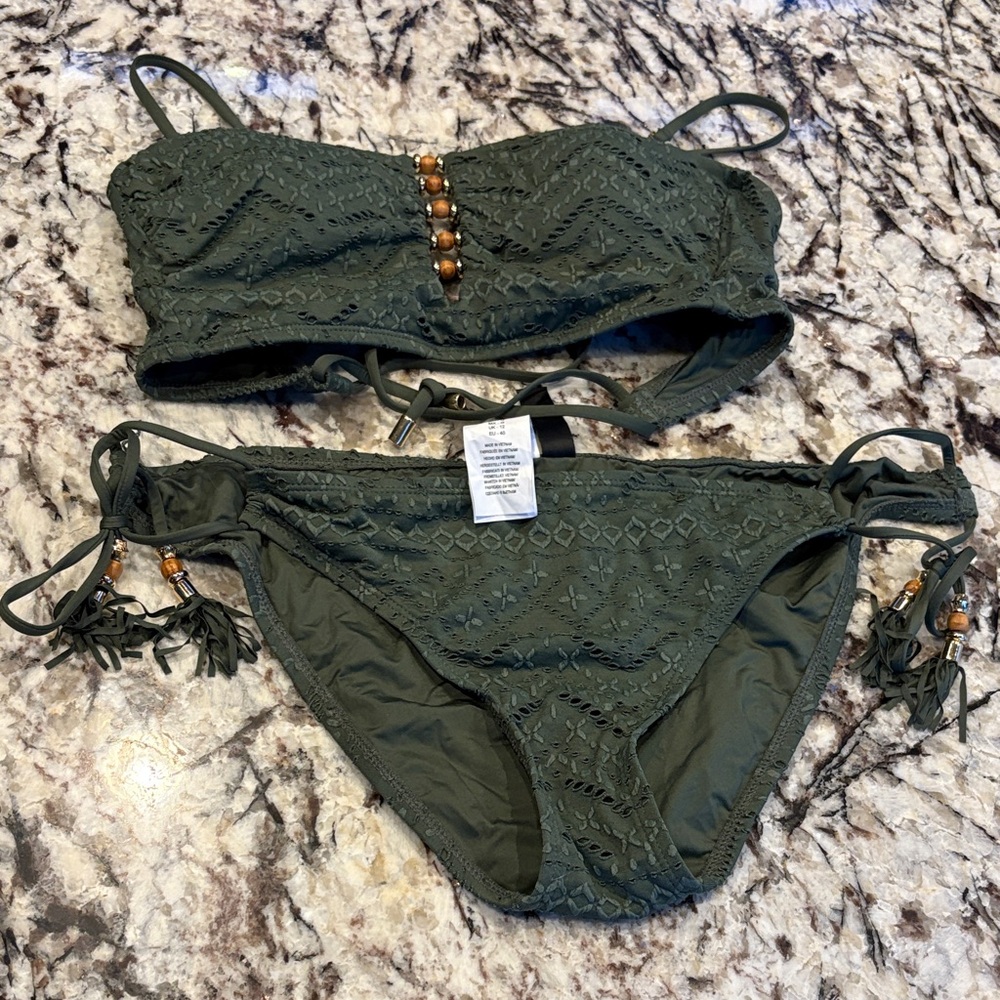 La Blanca Olive Eyelet Bikini with Beaded Accents